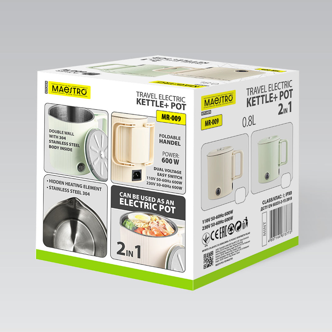 Ceainic electric / oală de călătorie Maestro, 2 în 1, capacitate 0,8 l, putere 600 W, mâner pliabil, comutator de tensiune 110 V/230 V, culoare bej, MR-009-BEIGE