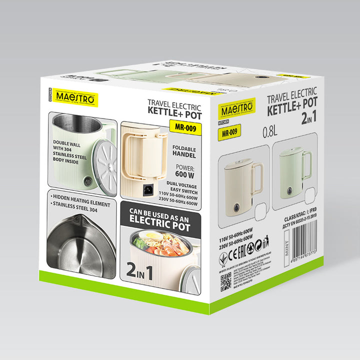 Ceainic electric / oală de călătorie Maestro, 2 în 1, capacitate 0,8 l, putere 600 W, mâner pliabil, comutator de tensiune 110 V/230 V, culoare bej, MR-009-BEIGE