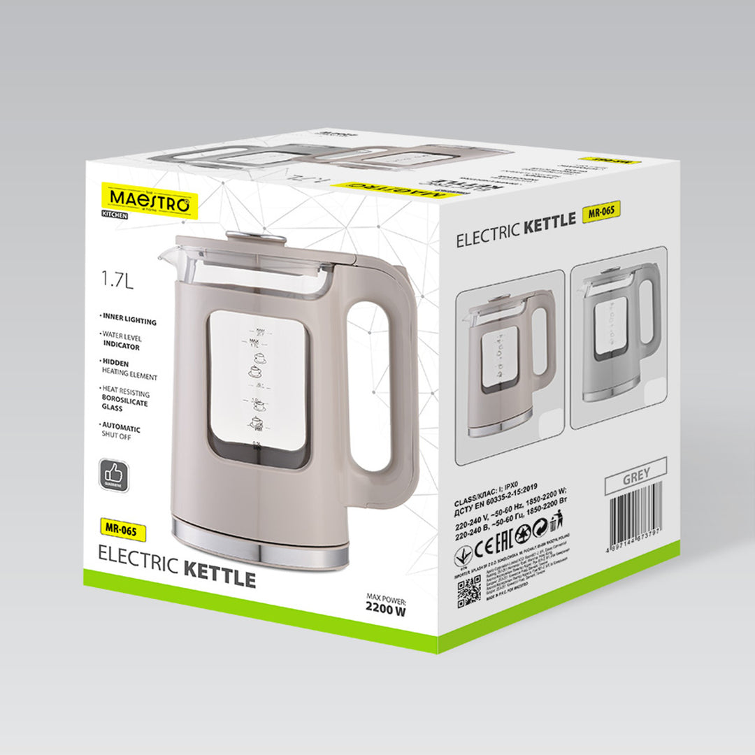 Ceainic electric din sticlă Maestro, capacitate 1,7 l, putere 2200 W, indicator de nivel al apei, iluminare LED, bază rotativă, culoare gri, MR-065-GREY