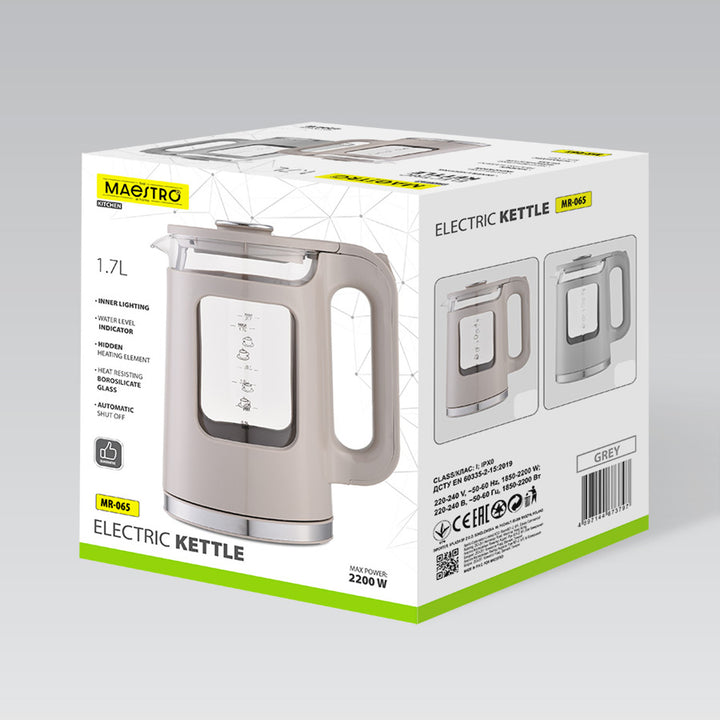 Ceainic electric din sticlă Maestro, capacitate 1,7 l, putere 2200 W, indicator de nivel al apei, iluminare LED, bază rotativă, culoare gri, MR-065-GREY