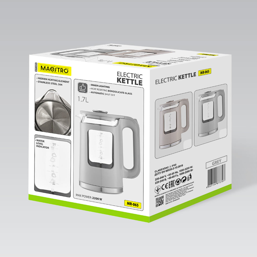 Ceainic electric din sticlă Maestro, capacitate 1,7 l, putere 2200 W, indicator de nivel al apei, iluminare LED, bază rotativă, culoare bej, MR-065-BEIGE