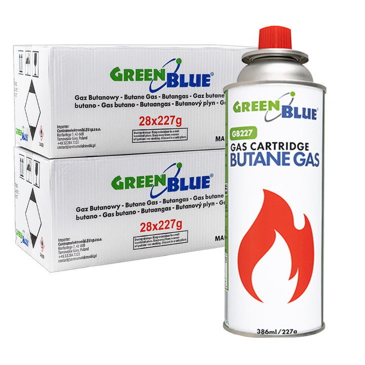 56 de cartușe de gaz de 227 g GreenBlue. Certificat: Pi 0875, conform standardului EN417, butan, interval de funcționare de la -10 °C la +40 °C, GB227