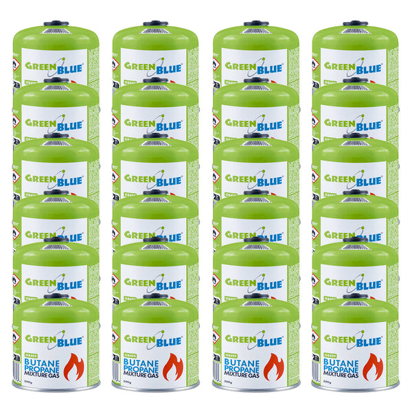 24 de cartușe de gaz de 500 g GreenBlue. Certificat: Pi 0437, conform cu EN417, butan-propan, interval de temperatură de la -10 °C la +40 °C, robinet filetat 7/16'' GB499