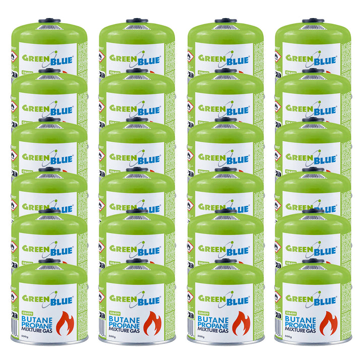 24 de cartușe de gaz de 500 g GreenBlue. Certificat: Pi 0437, conform cu EN417, butan-propan, interval de temperatură de la -10 °C la +40 °C, robinet filetat 7/16'' GB499