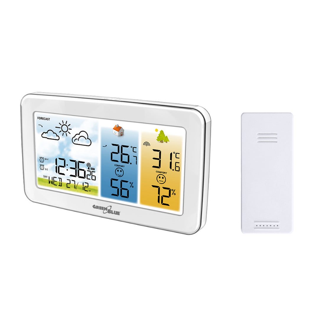 Stație meteo fără fir GreenBlue, temperatură + umiditate IN/OUT, ceas/alarmă/dată, °C / °F, rază de acțiune de până la 60 m, GB442 W