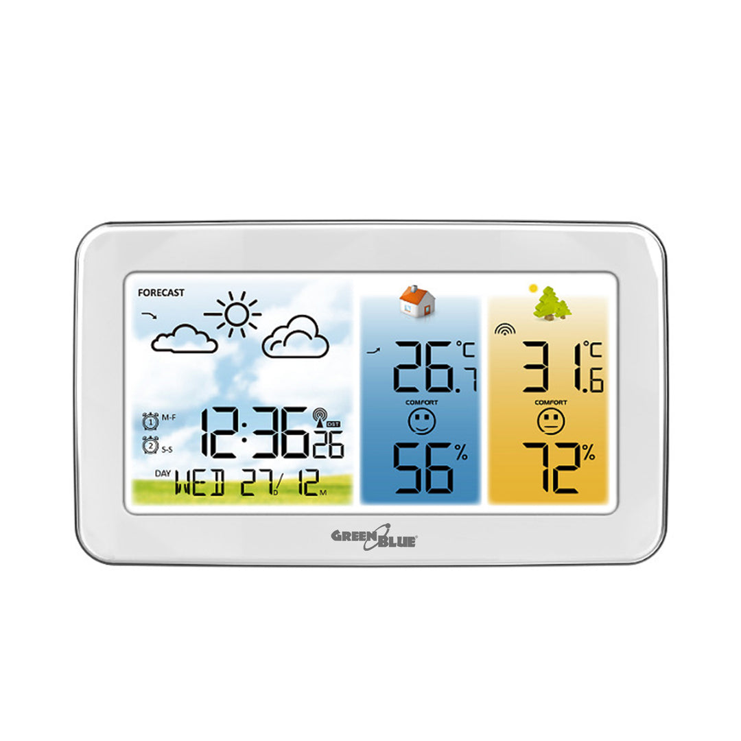 Stație meteo fără fir GreenBlue, temperatură + umiditate IN/OUT, ceas/alarmă/dată, °C / °F, rază de acțiune de până la 60 m, GB442 W
