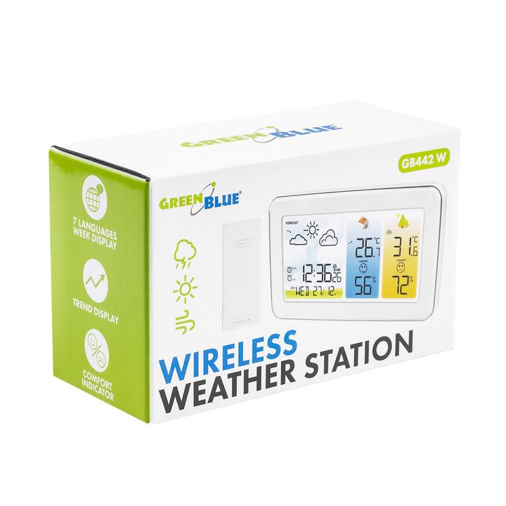 Stație meteo fără fir GreenBlue, temperatură + umiditate IN/OUT, ceas/alarmă/dată, °C / °F, rază de acțiune de până la 60 m, GB442 W