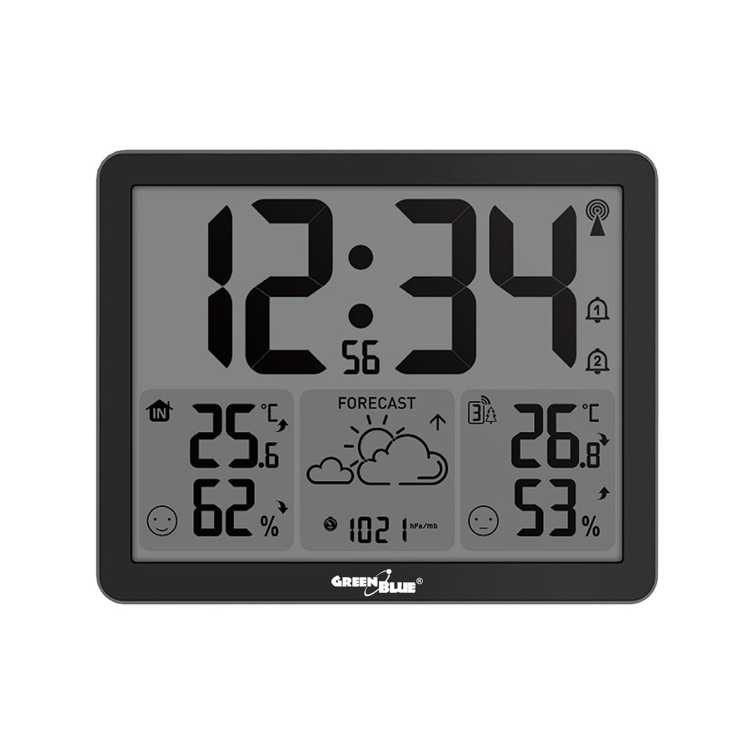Stație meteo fără fir GreenBlue, temperatură + umiditate IN/OUT, ceas/alarmă/dată, °C / °F, rază de acțiune de până la 60 m, GB443 B