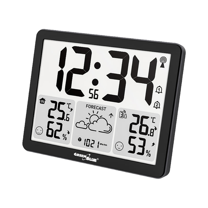 Stație meteo fără fir GreenBlue, temperatură + umiditate IN/OUT, ceas/alarmă/dată, °C / °F, rază de acțiune de până la 60 m, GB443 B