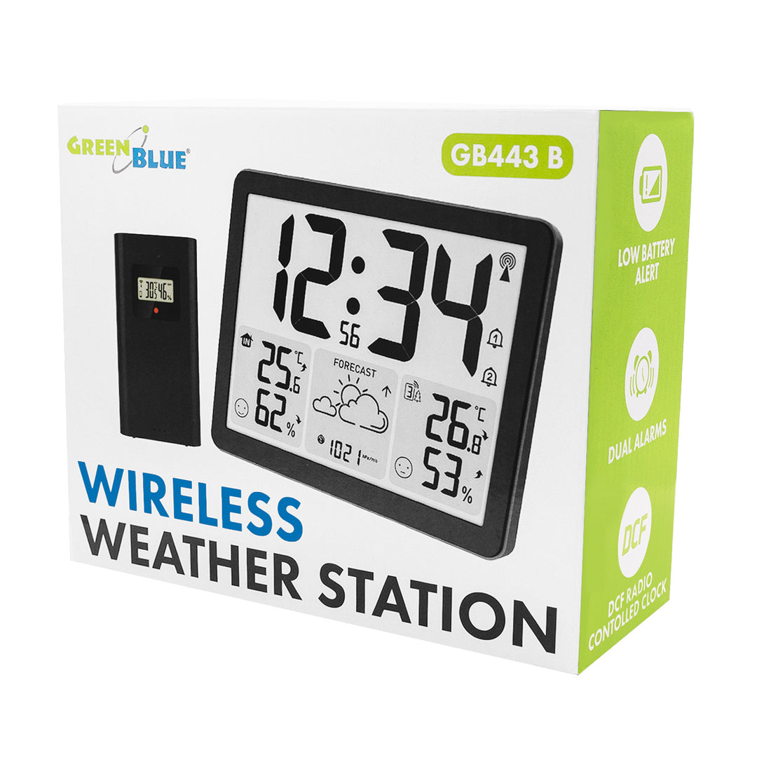 Stație meteo fără fir GreenBlue, temperatură + umiditate IN/OUT, ceas/alarmă/dată, °C / °F, rază de acțiune de până la 60 m, GB443 B