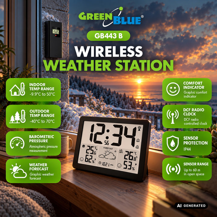 Stație meteo fără fir GreenBlue, temperatură + umiditate IN/OUT, ceas/alarmă/dată, °C / °F, rază de acțiune de până la 60 m, GB443 B