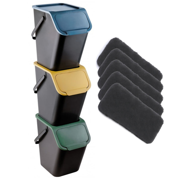 Set de 3 coșuri de gunoi pentru sortare, 25 l, Practic Bini + 5 filtre cu cărbune