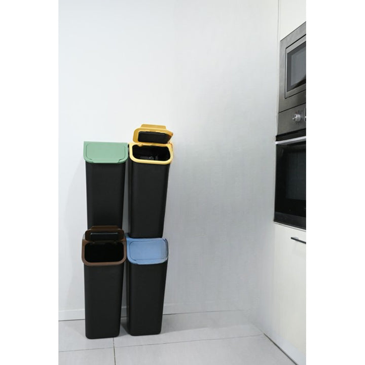 Set de 4 coșuri negre pentru sortarea deșeurilor BINI, 4 x 35 l, cu capace albastru/verde/galben/maro + 5 filtre cu cărbune