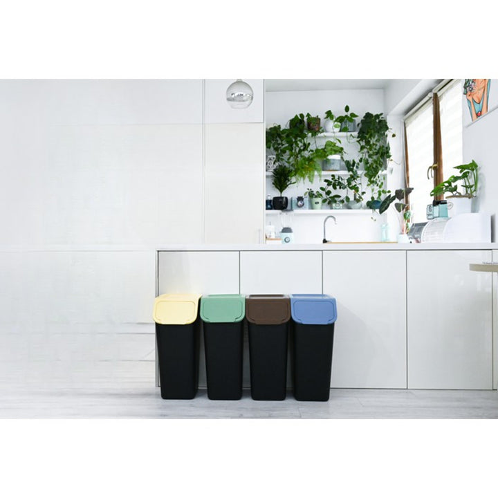 Set de 4 coșuri negre pentru sortarea deșeurilor BINI, 4 x 35 l, cu capace albastru/verde/galben/maro + 5 filtre cu cărbune