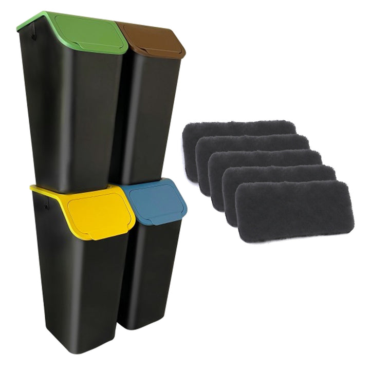 Set de 4 coșuri negre pentru sortarea deșeurilor BINI, 4 x 35 l, cu capace albastru/verde/galben/maro + 5 filtre cu cărbune