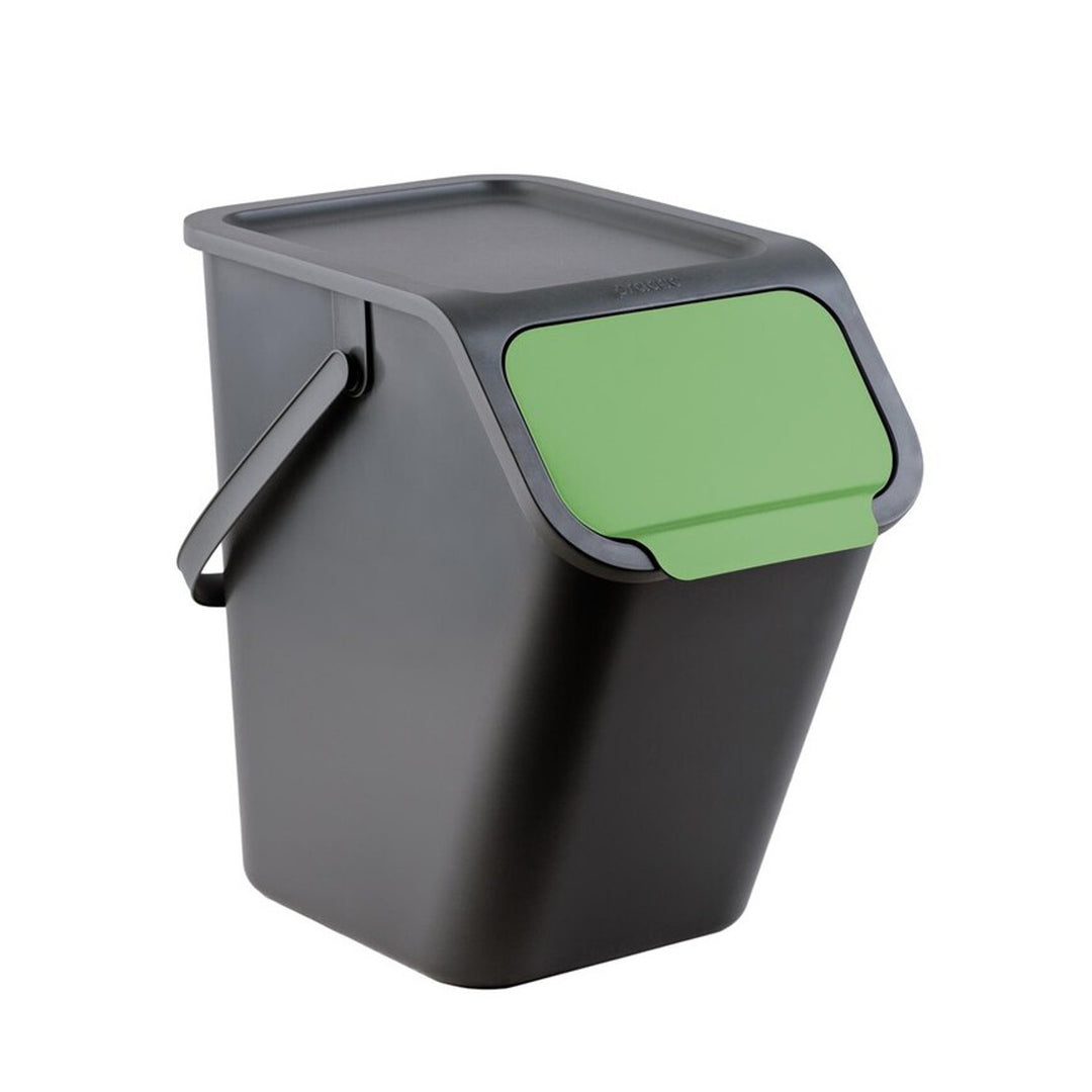 Set de 4 containere negre BINI de 4x25 l, cu capac negru, culoarea clapetei: galben, albastru, verde, maro + 5 filtre cu cărbune