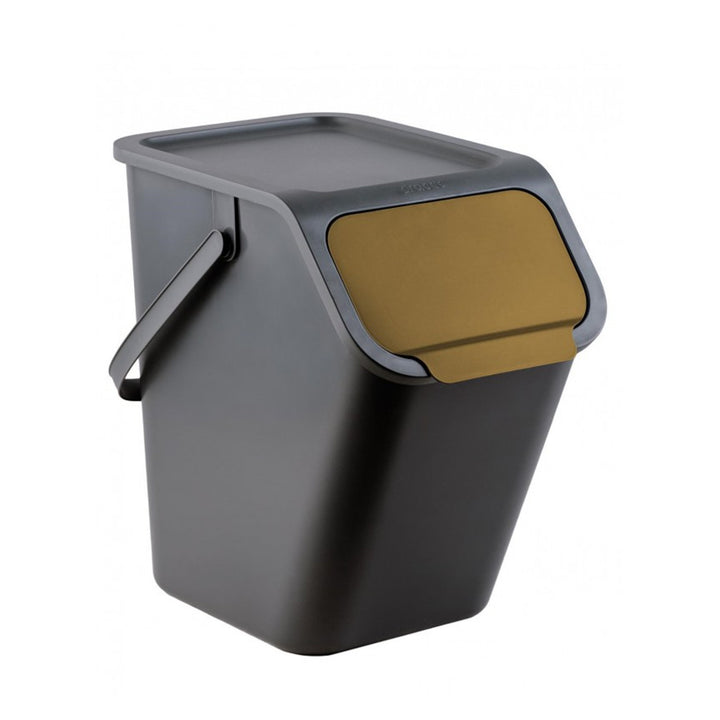 Set de 4 containere negre BINI de 4x25 l, cu capac negru, culoarea clapetei: galben, albastru, verde, maro + 5 filtre cu cărbune