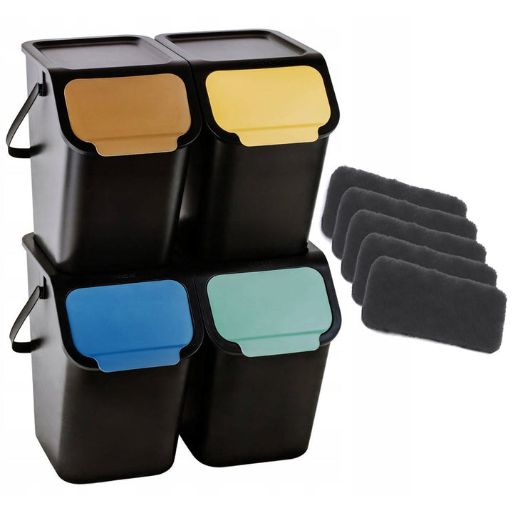 Set de 4 containere negre BINI de 4x25 l, cu capac negru, culoarea clapetei: galben, albastru, verde, maro + 5 filtre cu cărbune