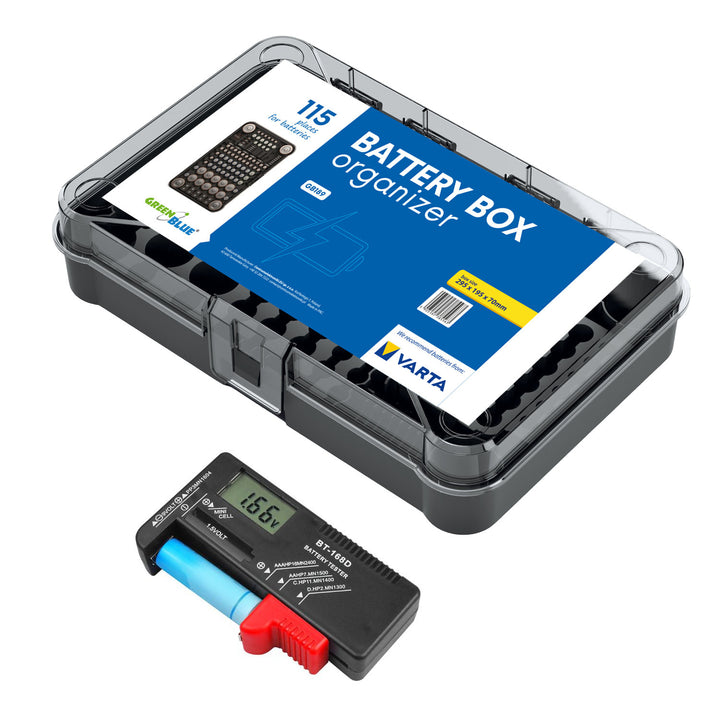 Organizator pentru baterii GreenBlue GB189 + tester digital pentru baterii și acumulatori Lamex