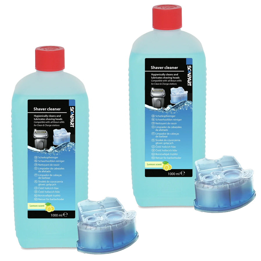 Soluție de curățare pentru capetele de ras Braun cu aromă de lămâie, 1 litru, plus cartuș de reumplere, 2 bucăți