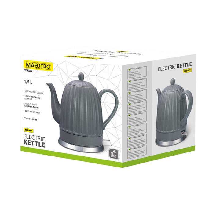 Ceainic electric din ceramică Maestro, culoare gri, putere 1500 W, capacitate 1,5 l, soclu rotativ, indicator de nivel al apei, cablu de alimentare de 65 cm, MR-077