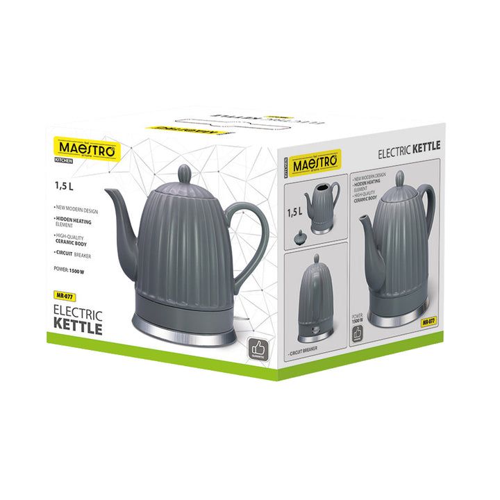 Ceainic electric din ceramică Maestro, culoare gri, putere 1500 W, capacitate 1,5 l, soclu rotativ, indicator de nivel al apei, cablu de alimentare de 65 cm, MR-077