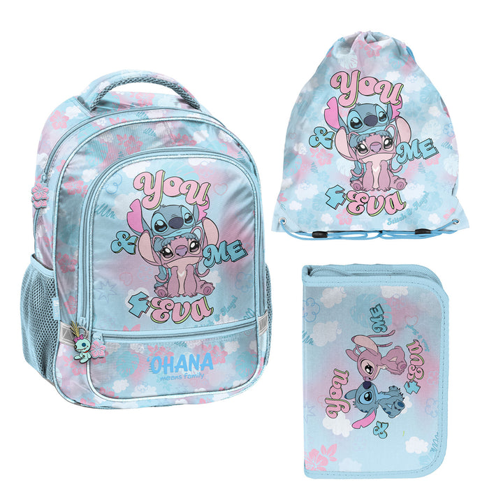 Set școlar Stitch Paso, rucsac cu două compartimente, elemente reflectorizante și spate întărit, penar fără conținut, dar cu buzunare pentru rechizite, sac pentru pantofi care poate fi purtat pe spate, DS26WW