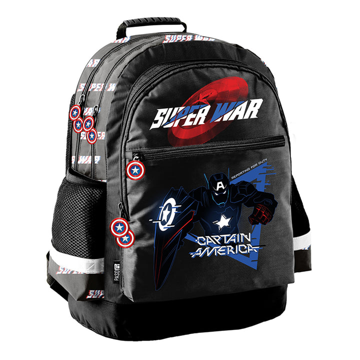 Set școlar Captain America Paso, rucsac cu două compartimente, elemente reflectorizante și spate întărit, penar fără conținut, dar cu buzunare pentru instrumente, sac pentru pantofi care poate fi purtat pe spate, AV26KK