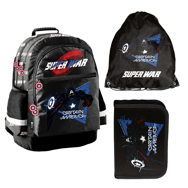 Set școlar Captain America Paso, rucsac cu două compartimente, elemente reflectorizante și spate întărit, penar fără conținut, dar cu buzunare pentru instrumente, sac pentru pantofi care poate fi purtat pe spate, AV26KK