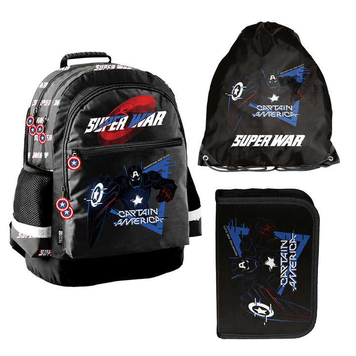 Set școlar Captain America Paso, rucsac cu două compartimente, elemente reflectorizante și spate întărit, penar fără conținut, dar cu buzunare pentru instrumente, sac pentru pantofi care poate fi purtat pe spate, AV26KK