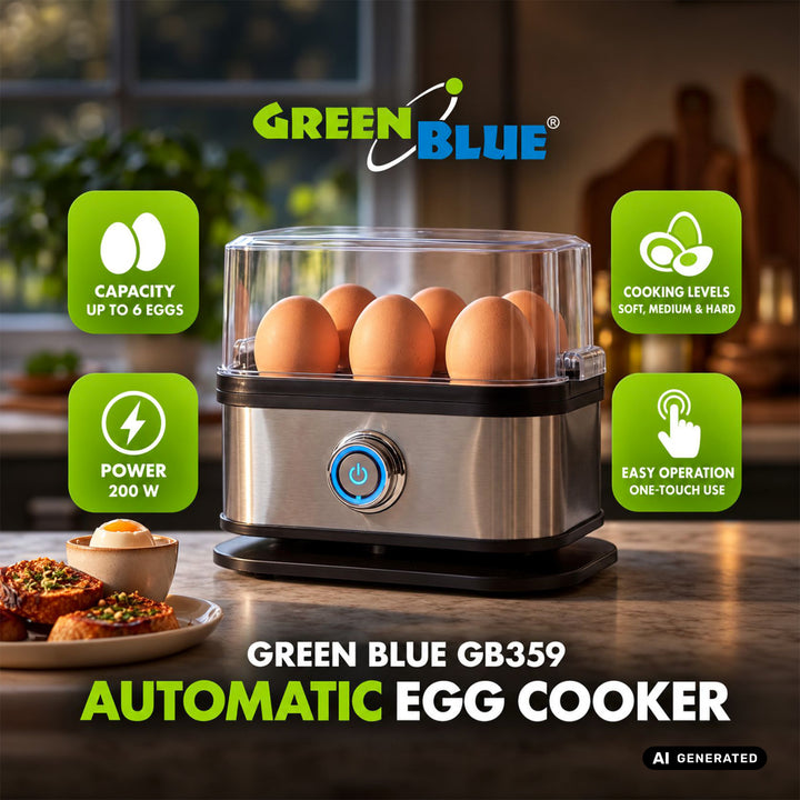 Aparat automat de fiert ouă GreenBlue, putere 200 W, până la 6 ouă, măsură, 220-240 V~, 50/60 Hz, GB359
