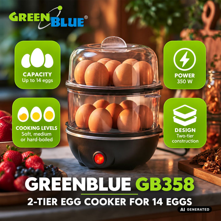 Fierbător de ouă cu 2 niveluri pentru 14 ouă GreenBlue, putere 350 W, pentru până la 14 ouă, 220-240 V~, 50/60 Hz, GB358
