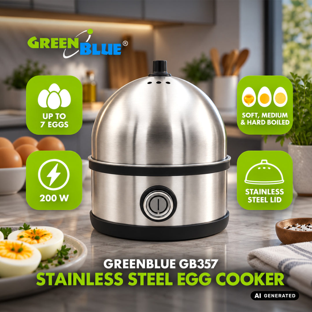 Aparat de fiert ouă din oțel inoxidabil GreenBlue, putere 200 W, pentru până la 7 ouă, măsură, 220-240 V~, 50/60 Hz, GB357