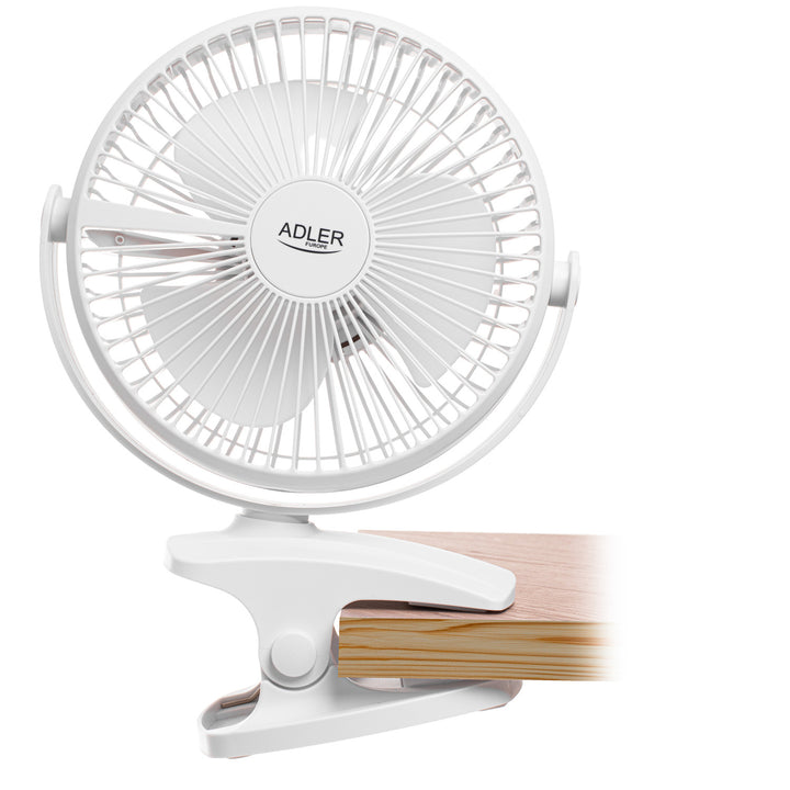 Ventilator de birou cu clemă, alimentat cu baterie, 15,5 cm, rotire la 360°, USB-C, Adler