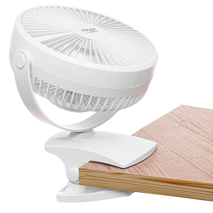 Ventilator de birou cu clemă, alimentat cu baterie, 15,5 cm, rotire la 360°, USB-C, Adler