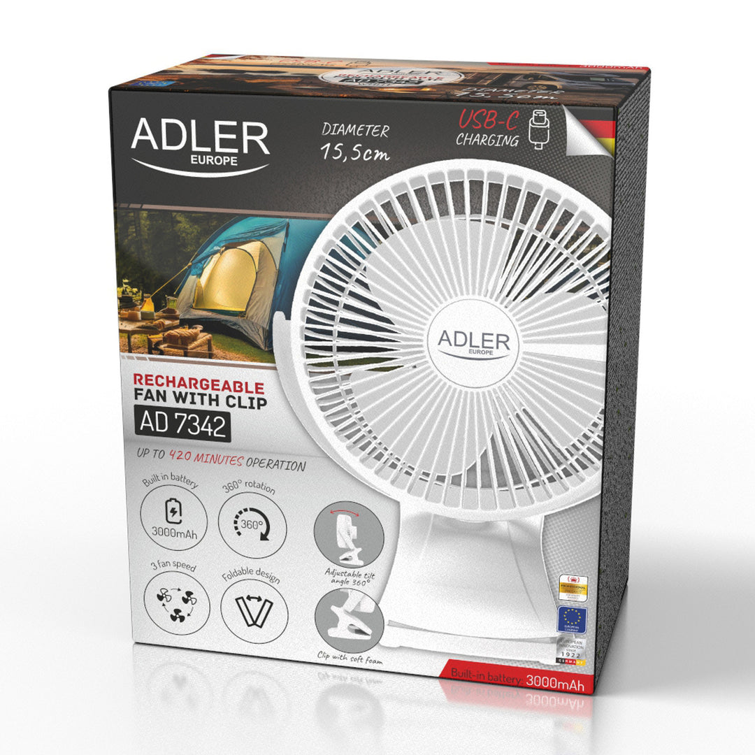 Ventilator de birou cu clemă, alimentat cu baterie, 15,5 cm, rotire la 360°, USB-C, Adler