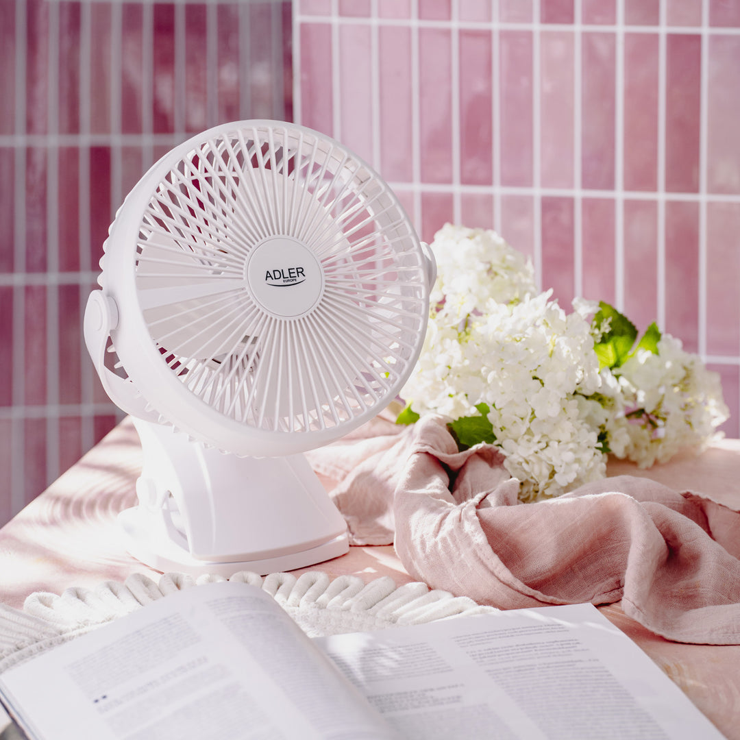Ventilator de birou cu clemă, alimentat cu baterie, 15,5 cm, rotire la 360°, USB-C, Adler