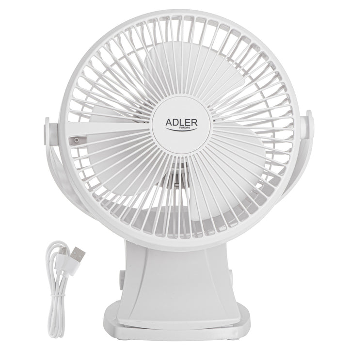 Ventilator de birou cu clemă, alimentat cu baterie, 15,5 cm, rotire la 360°, USB-C, Adler