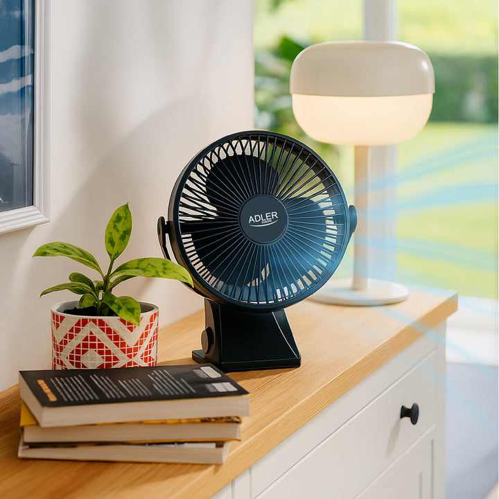Ventilator de birou cu clemă, alimentat cu baterie, 15,5 cm, rotire la 360°, USB-C, Adler