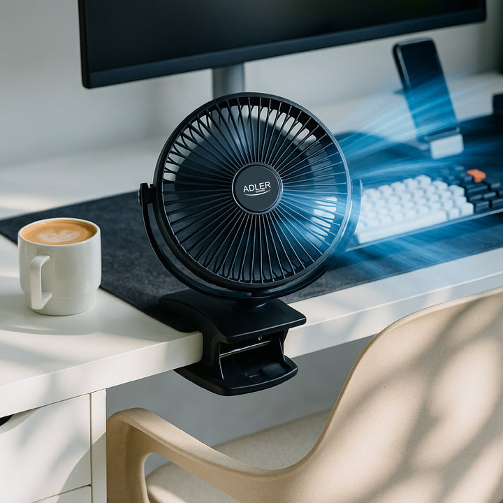 Ventilator de birou cu clemă, alimentat cu baterie, 15,5 cm, rotire la 360°, USB-C, Adler