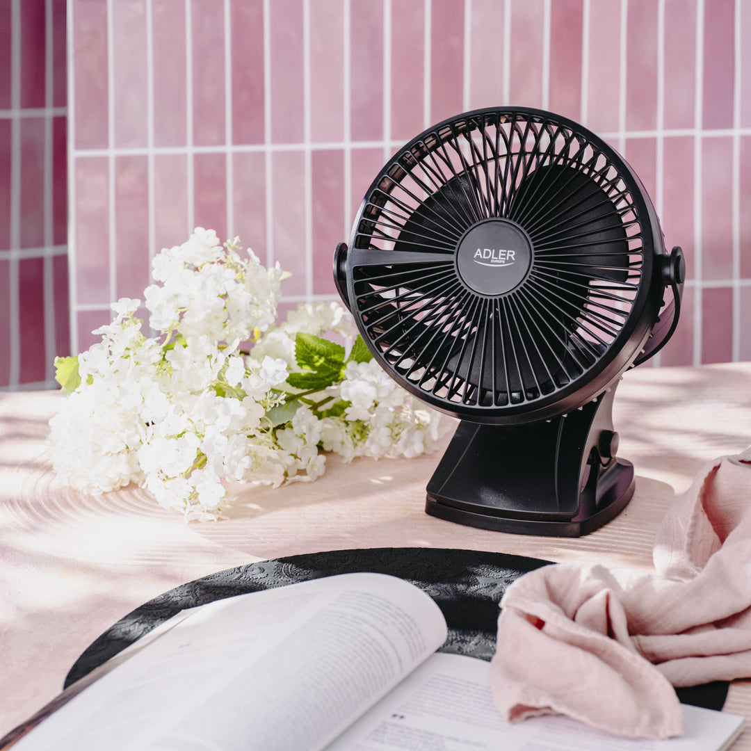 Ventilator de birou cu clemă, alimentat cu baterie, 15,5 cm, rotire la 360°, USB-C, Adler