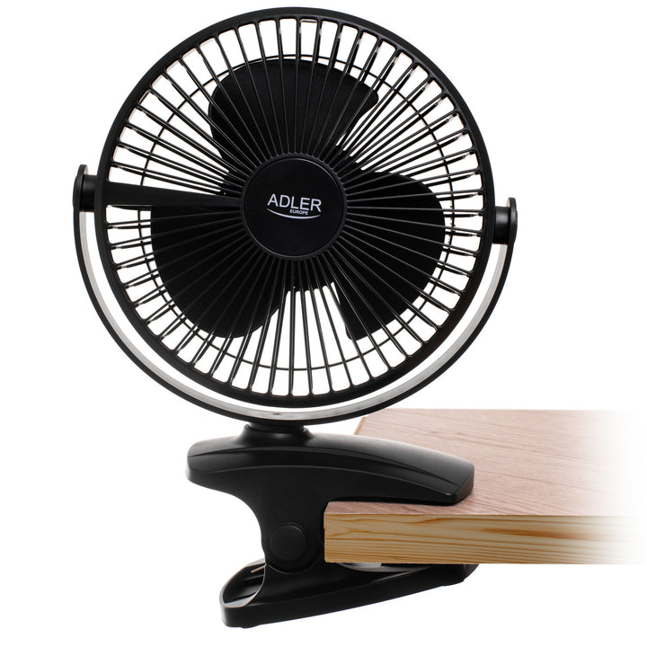 Ventilator de birou cu clemă, alimentat cu baterie, 15,5 cm, rotire la 360°, USB-C, Adler