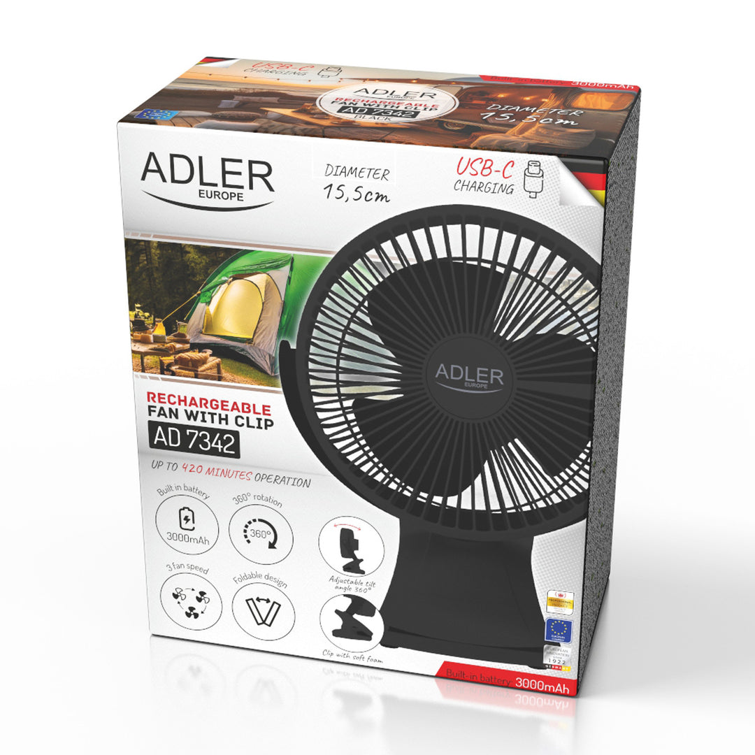 Ventilator de birou cu clemă, alimentat cu baterie, 15,5 cm, rotire la 360°, USB-C, Adler