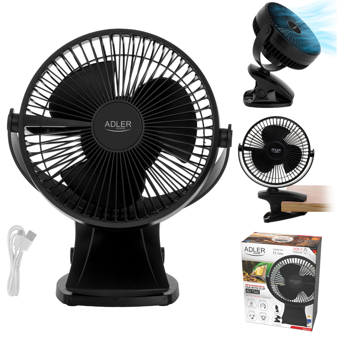 Ventilator de birou cu clemă, alimentat cu baterie, 15,5 cm, rotire la 360°, USB-C, Adler