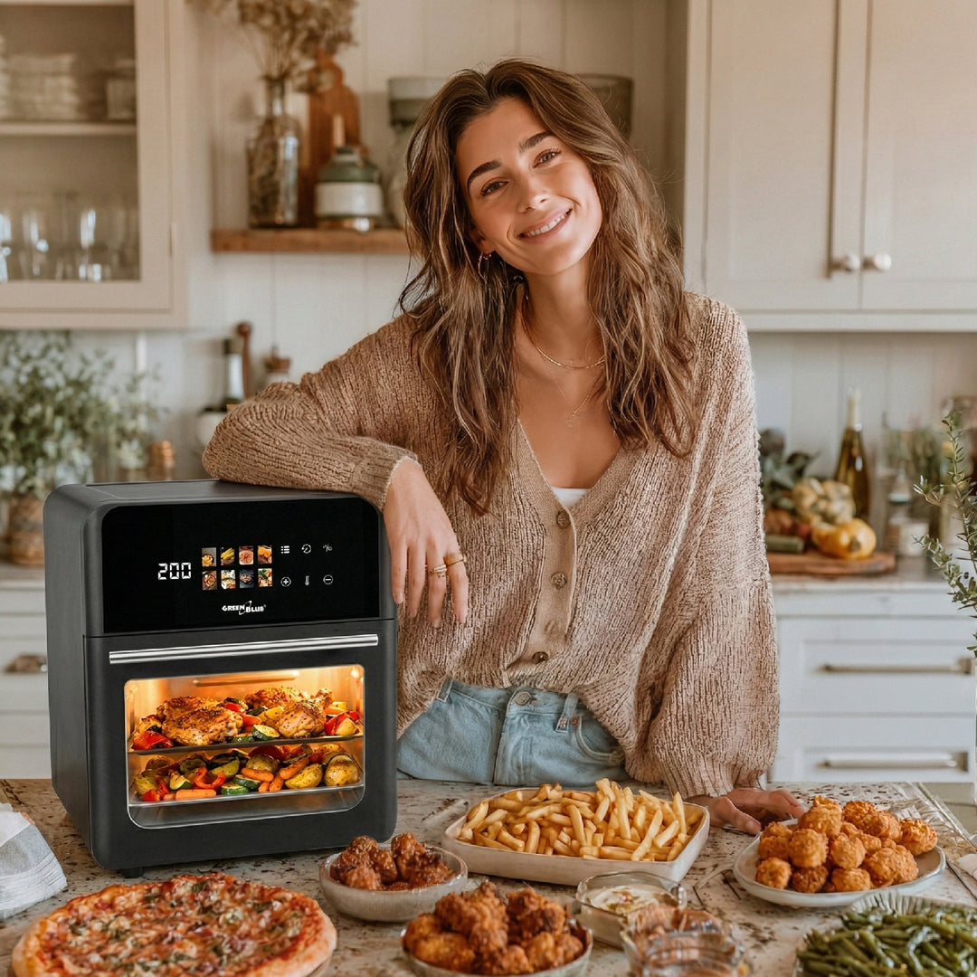 Friteuză fără ulei AIR FRYER GreenBlue, putere 1800 W, capacitate 10 l, 8 programe, accesorii, cronometru, GB950 + termometru/sondă pentru alimente, GreenBlue GB178