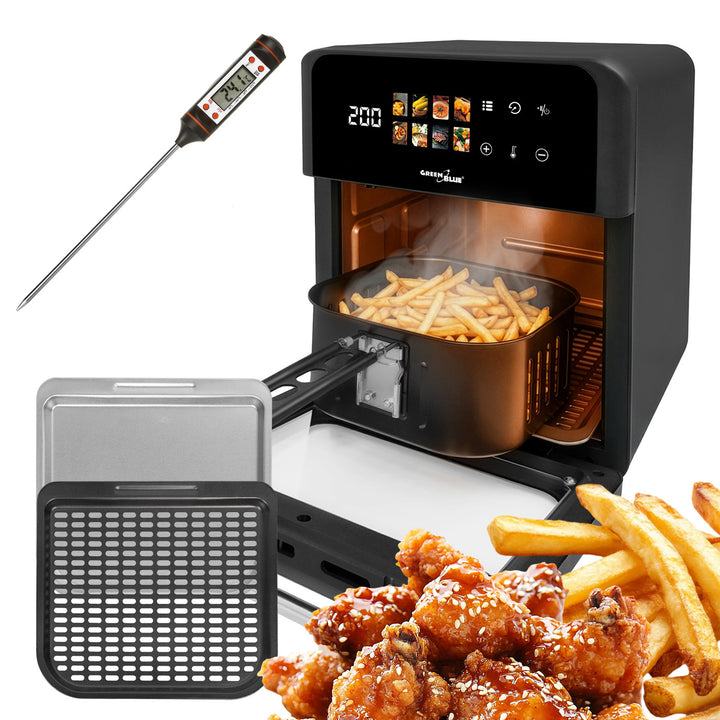 Friteuză fără ulei AIR FRYER GreenBlue, putere 1800 W, capacitate 10 l, 8 programe, accesorii, cronometru, GB950 + termometru/sondă pentru alimente, GreenBlue GB178