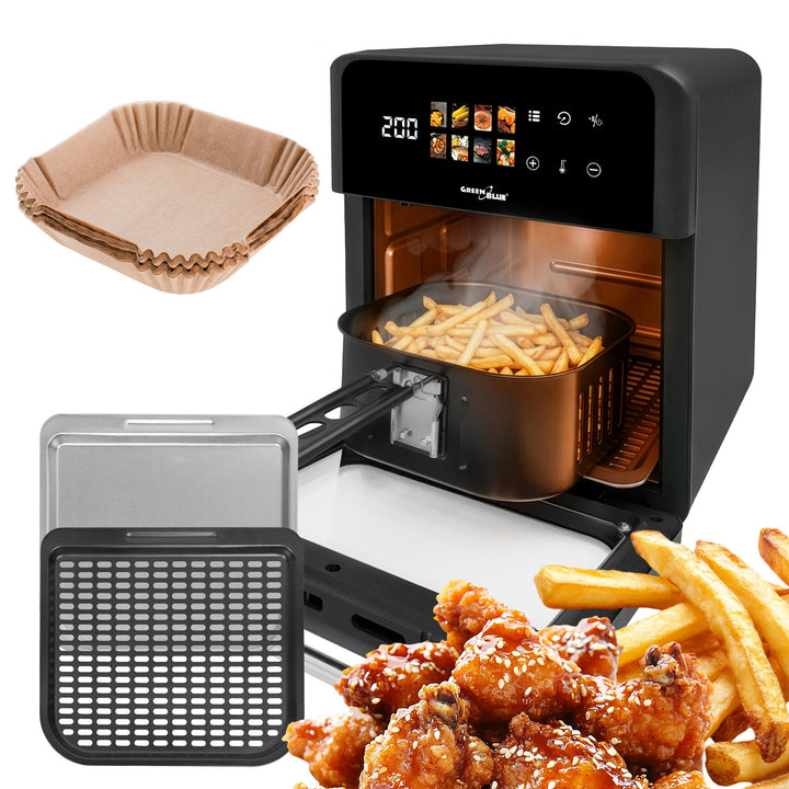 Friteuză fără ulei AIR FRYER GreenBlue, putere 1800 W, capacitate 10 l, 8 programe, accesorii, cronometru, GB950 + 100 de cartoane de hârtie de 16 cm