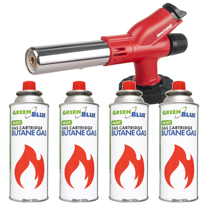 Arzător cu cartușe Alpen Camping, temperatură a flăcării de 1300 °C, aprindere piezoelectrică, reglare a flăcării, ETNA + 4 cartușe de gaz de 227 g GreenBlue. Certificat: Pi 0875, conform standardului EN417
