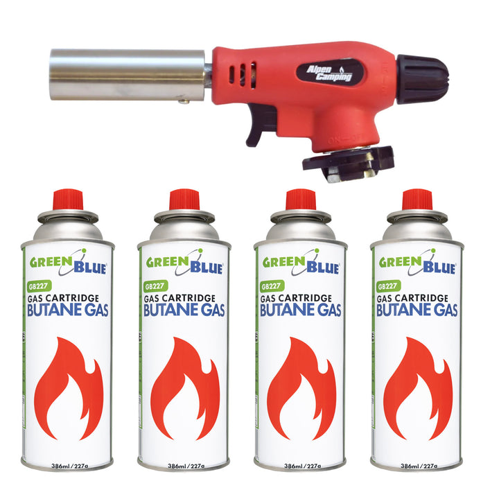Arzător cu cartușe Alpen Camping, unghi de acțiune de 360°, temperatura flăcării 1300 °C, aprindere piezoelectrică, OLIMP + 4 cartușe de gaz de 227 g GreenBlue. Certificat: Pi 0875, conform standardului EN417