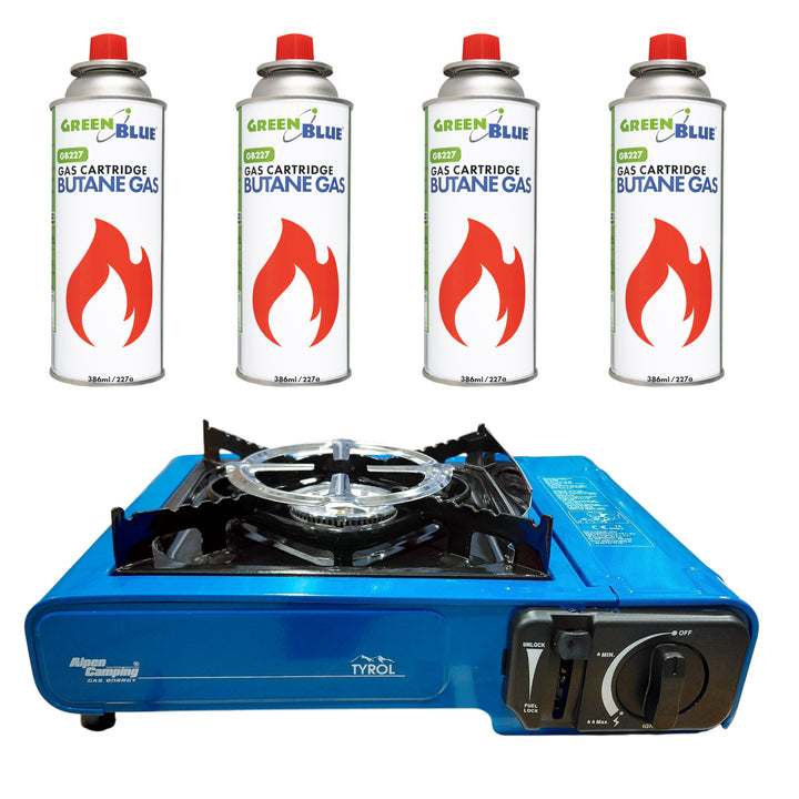 Aragaz de camping Alpen Camping, putere: 2,0 kW, consum de gaz 146 g/h, aprindere piezoelectrică, TYROL+ 4 cartușe de gaz de 227 g GreenBlue. Certificat: Pi 0875, conform standardului EN417